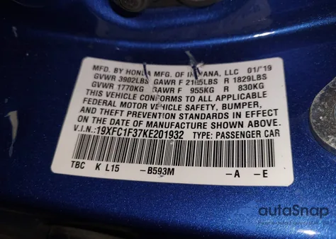 2019 Honda Civic Ex z USA, uszkodzony, nr VIN 19XFC1F37KE201932